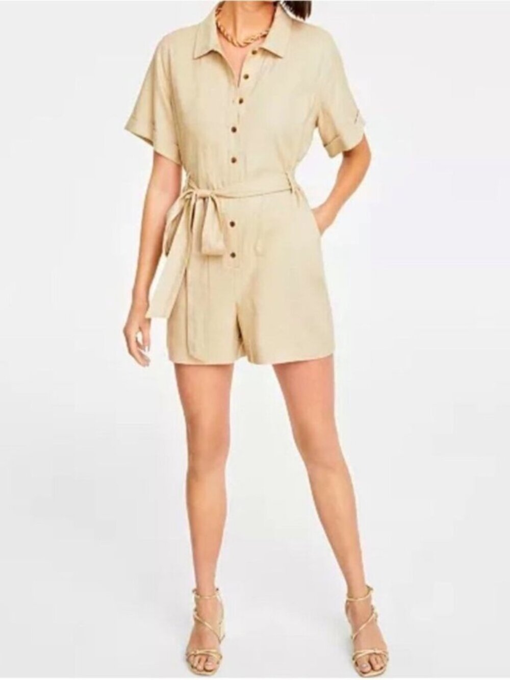 Womens XL Romper Linen Shorts Fall Resort Jumpsuit Classic Elegant Safari Cruise